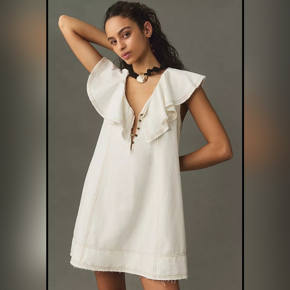 Pilcro V-Neck Ruffle Denim Mini Dress